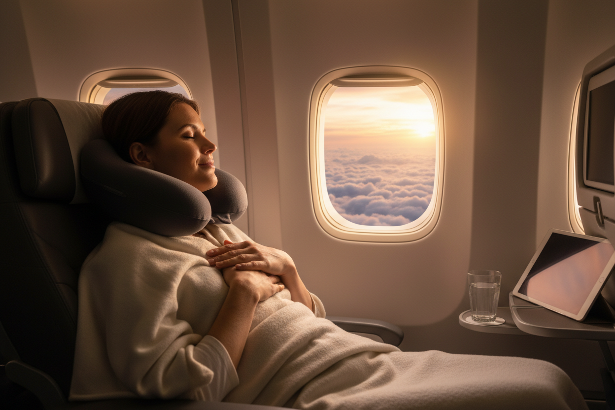 beautiful girl relax and sleep on aiplane with memory foam travel pillow anf nice view